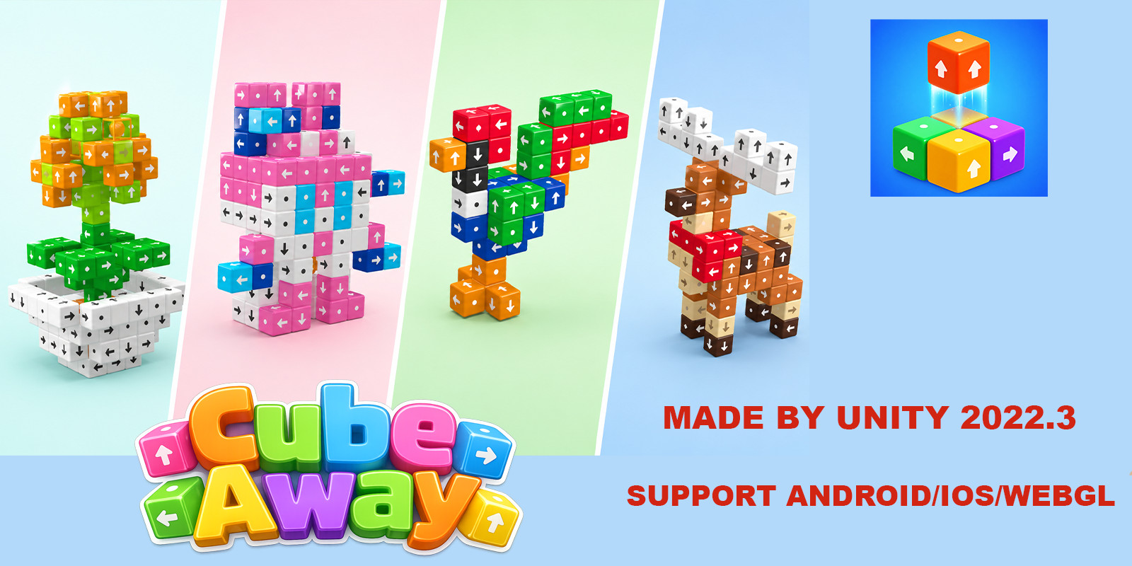 3D Cube Away Puzzle - 150 levels Unity Project