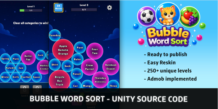 Bubble Word Sort Unity Source Code – Word Puzzle Sorting Game | SellUnitySourceCode.com source code
