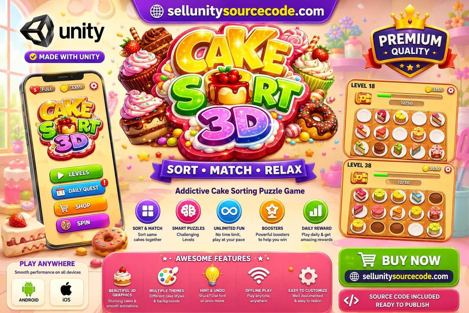 Cake Sort Puzzle 3D – Unity Source Code for Color Sorting Game (Android &amp; iOS) source code