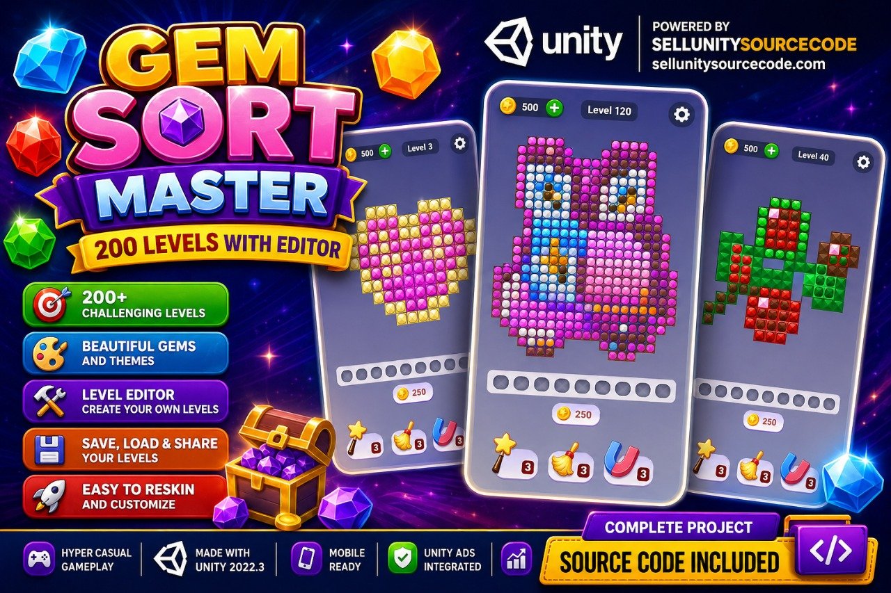 Gem Sort Master – 200 Levels With Editor - Unity source code