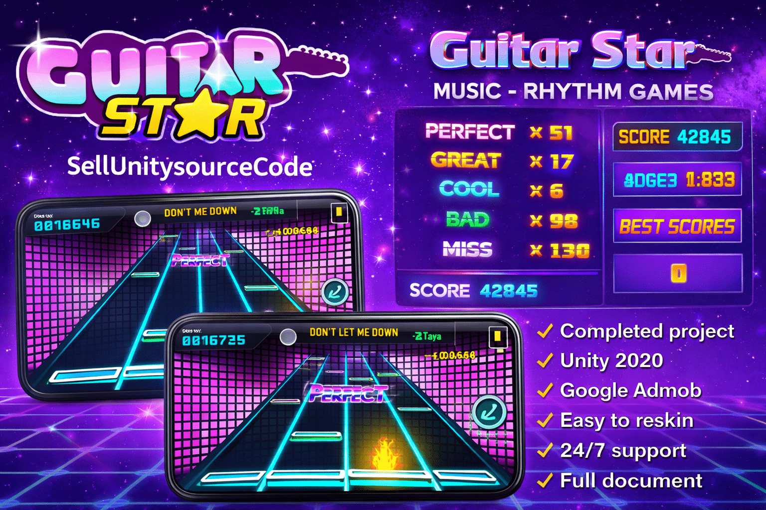 🎸 Guitar Star – Music – Rhythm Games – SellUnitySourceCode source code