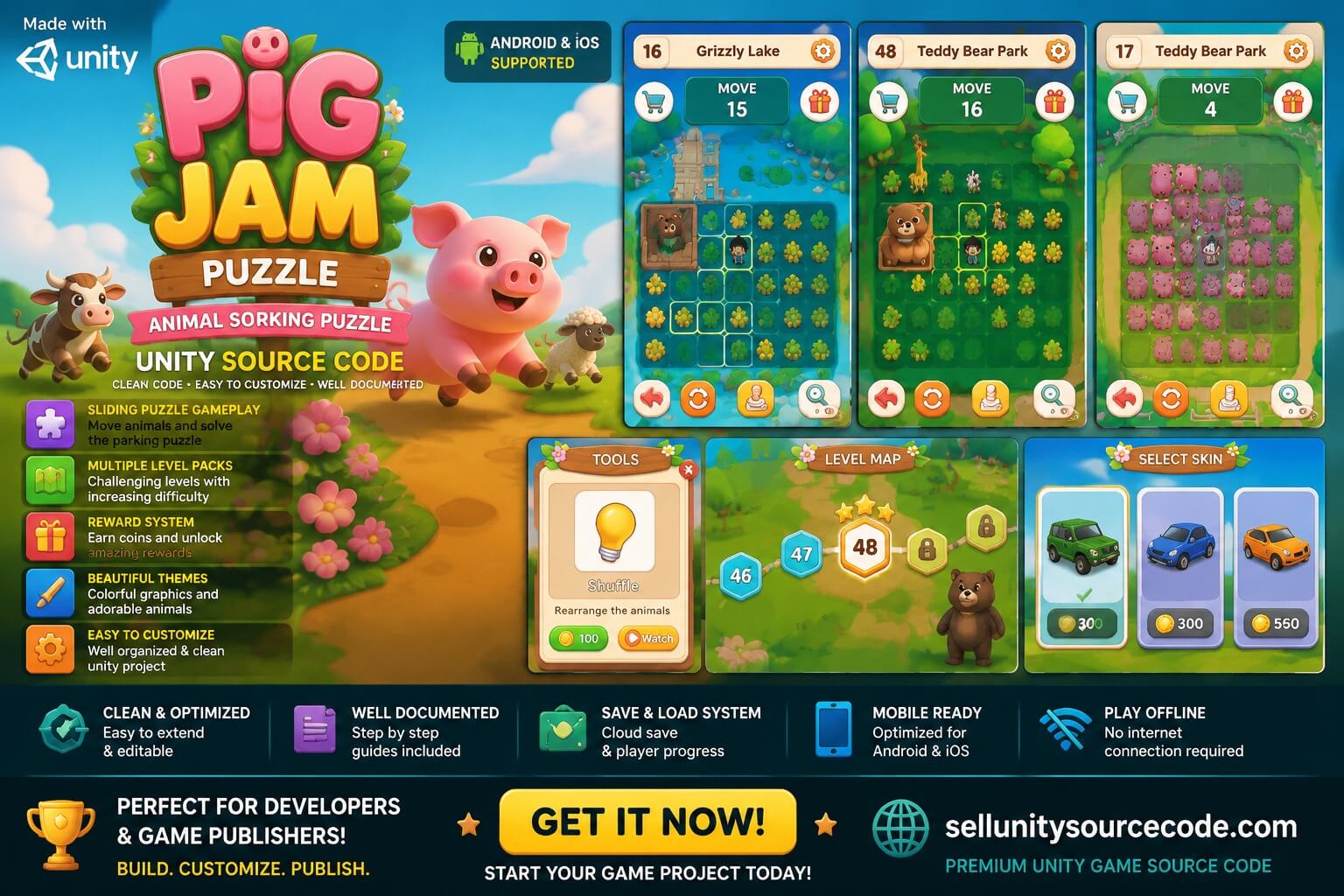 Pig Jam Puzzle Unity Source Code – Animal Parking Puzzle Game Template source code