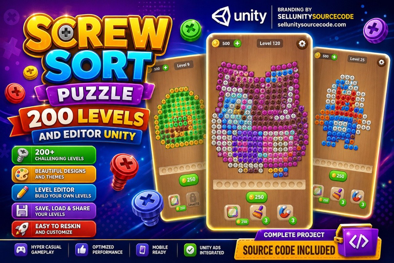 Screw Sort Puzzle - 200 Levels And Editor Unity source code