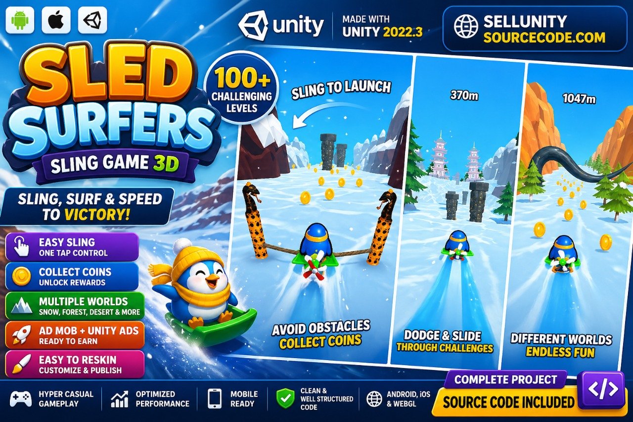 Sled Surfers Sling Game 3D Unity Game Source Code source code