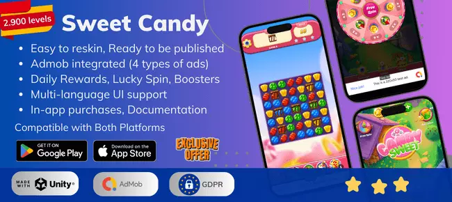 Sweet Candy Match 3 Game SellUnitySourceCode  screenshot 3