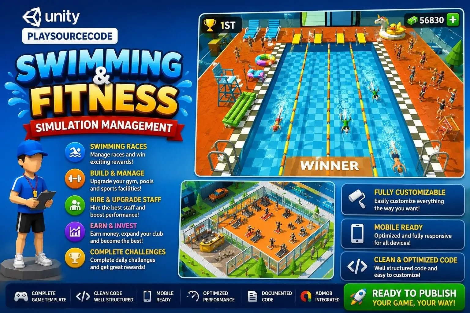 Swimming fitness simulation Unity Source code source code